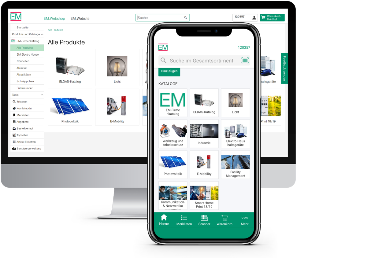 Screenshot EM.Webshop auf Desktop und EM.App auf Mobile